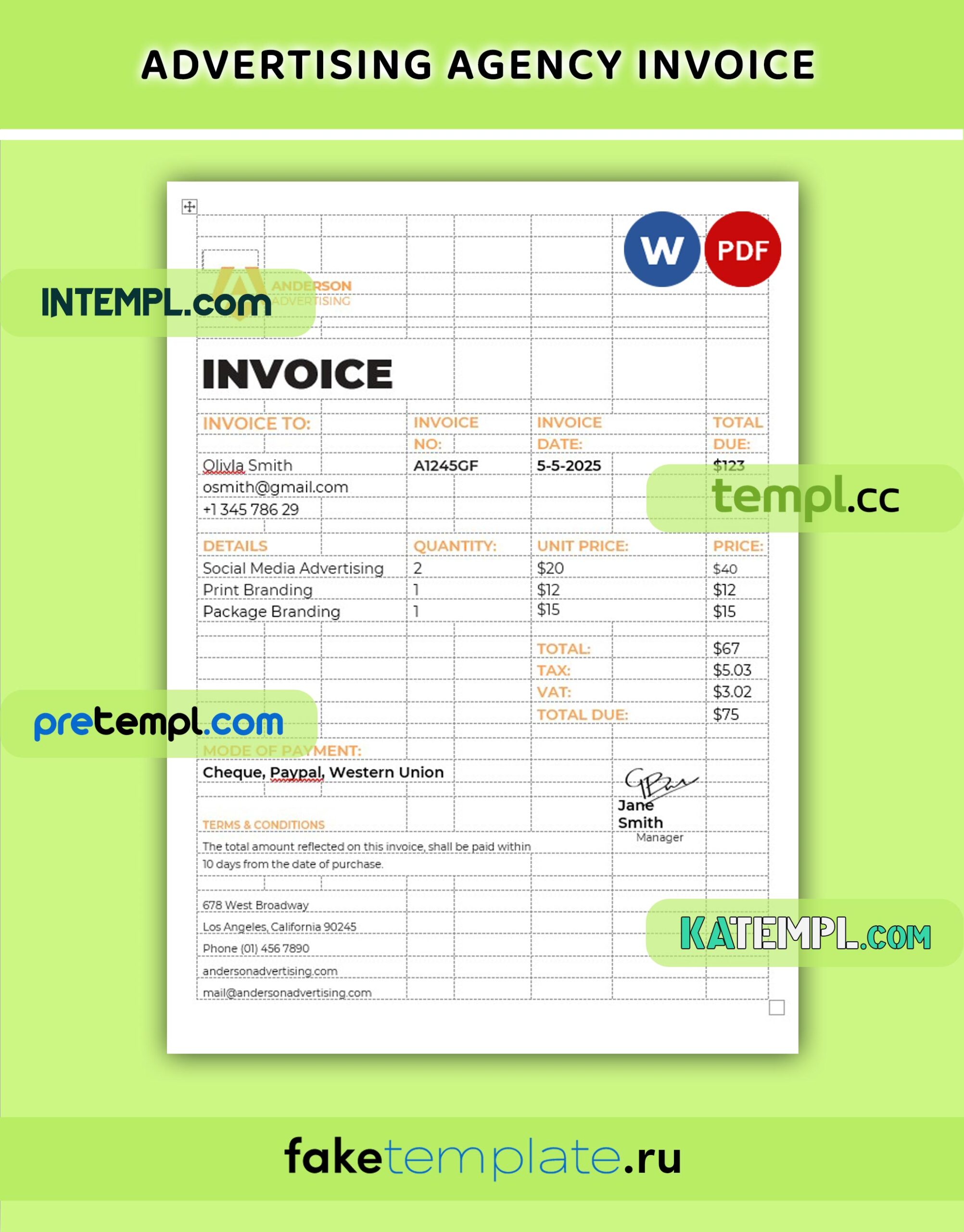 advertising agency invoice Word and PDF download template